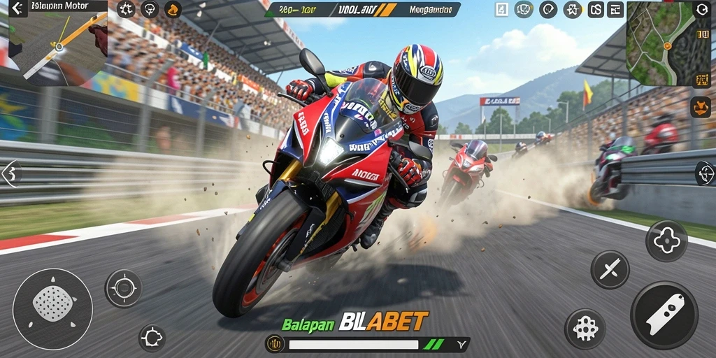Tampilan gameplay seru di BIOLABET, balapan motor yang mendebarkan.