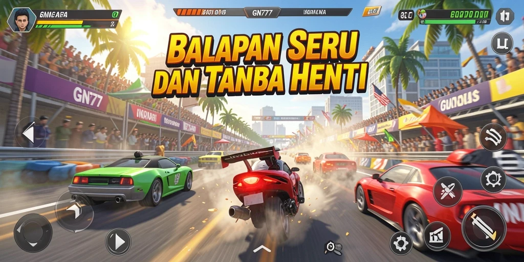 Tampilan gameplay GN777 yang mendebarkan dengan trek dan mobil berdesain detail.