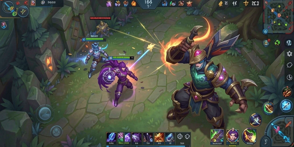 Tampilan utama gameplay menampilkan karakter bertarung di arena.