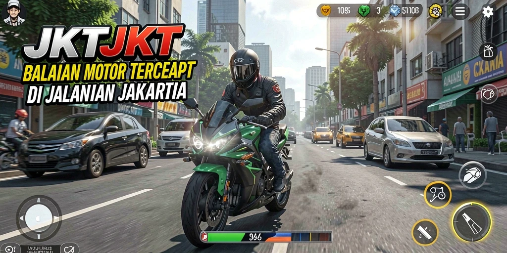 Screenshot gameplay JKTJKT menampilkan motor melaju kencang di jalanan Jakarta.